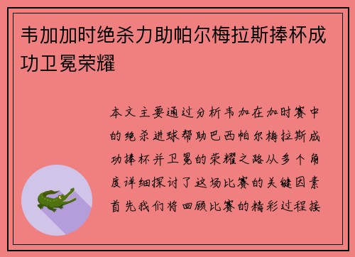 韦加加时绝杀力助帕尔梅拉斯捧杯成功卫冕荣耀